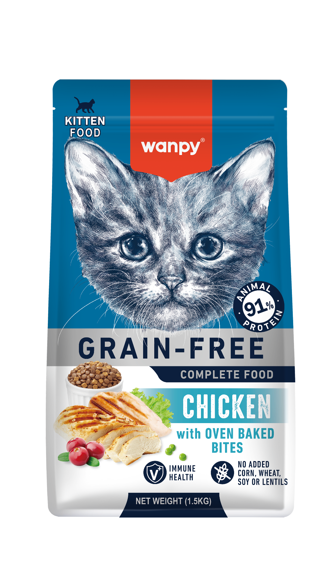 Wanpy Grain-Free ξηρά τροφή – Kitten Chicken 1.5kg (μπροστινή όψη συσκευασίας)